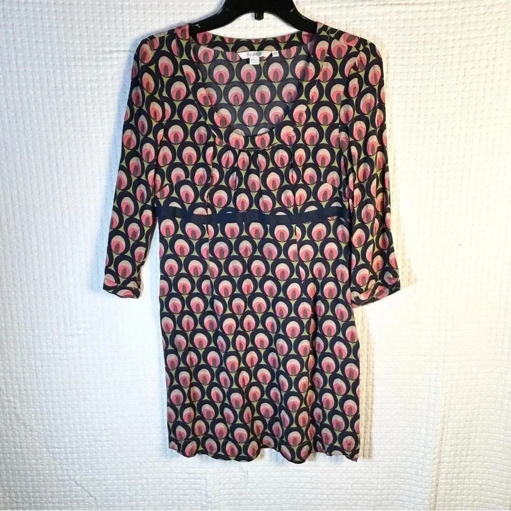 Boden Womens 6 Dress Tunic Top  Geometric Grosgrain Ribbon Waist Mod Side Zip